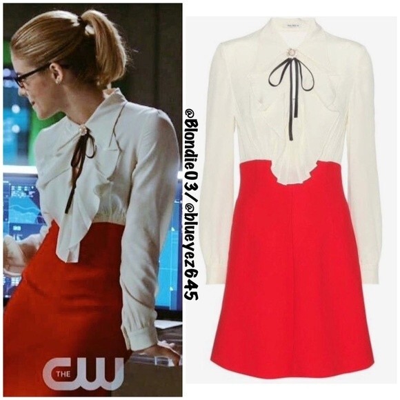 Miu Miu Ruffed Silk Crepe De Chine red ruffle Colorblock Dress IT44/US8 - Picture 2 of 7